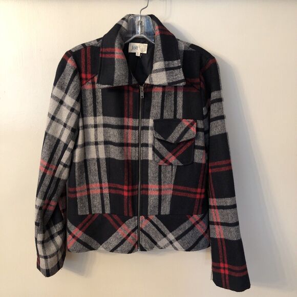 JOLT MEDIUM BLACK GREY PLAID WOOL FLANNEL ZIP FRONT JACKET PEPLUM CHEST POCKET - Picture 2 of 9